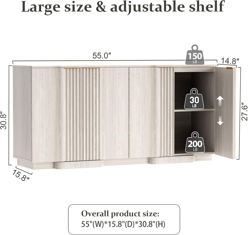 Yechen Buffet Cabinet with Storage, 55" Accent Sideboard Modern Credenza with Doors & Adjustable Shelves Fluted Media Console Wood Coffee Bar Table for Living Kitchen Dining Room White(4 Door)