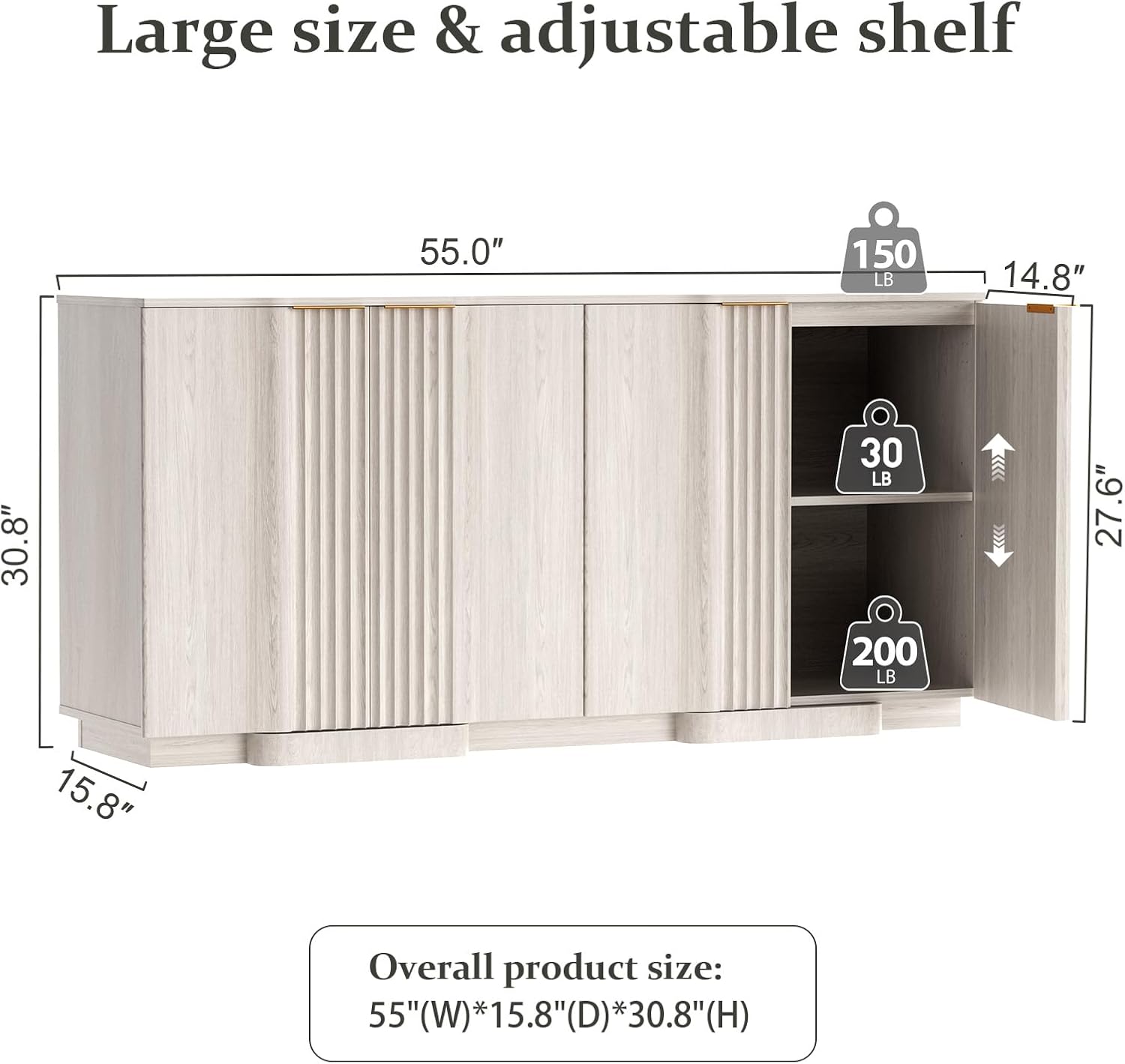 Yechen Buffet Cabinet with Storage, 55" Accent Sideboard Modern Credenza with Doors & Adjustable Shelves Fluted Media Console Wood Coffee Bar Table for Living Kitchen Dining Room White(4 Door)