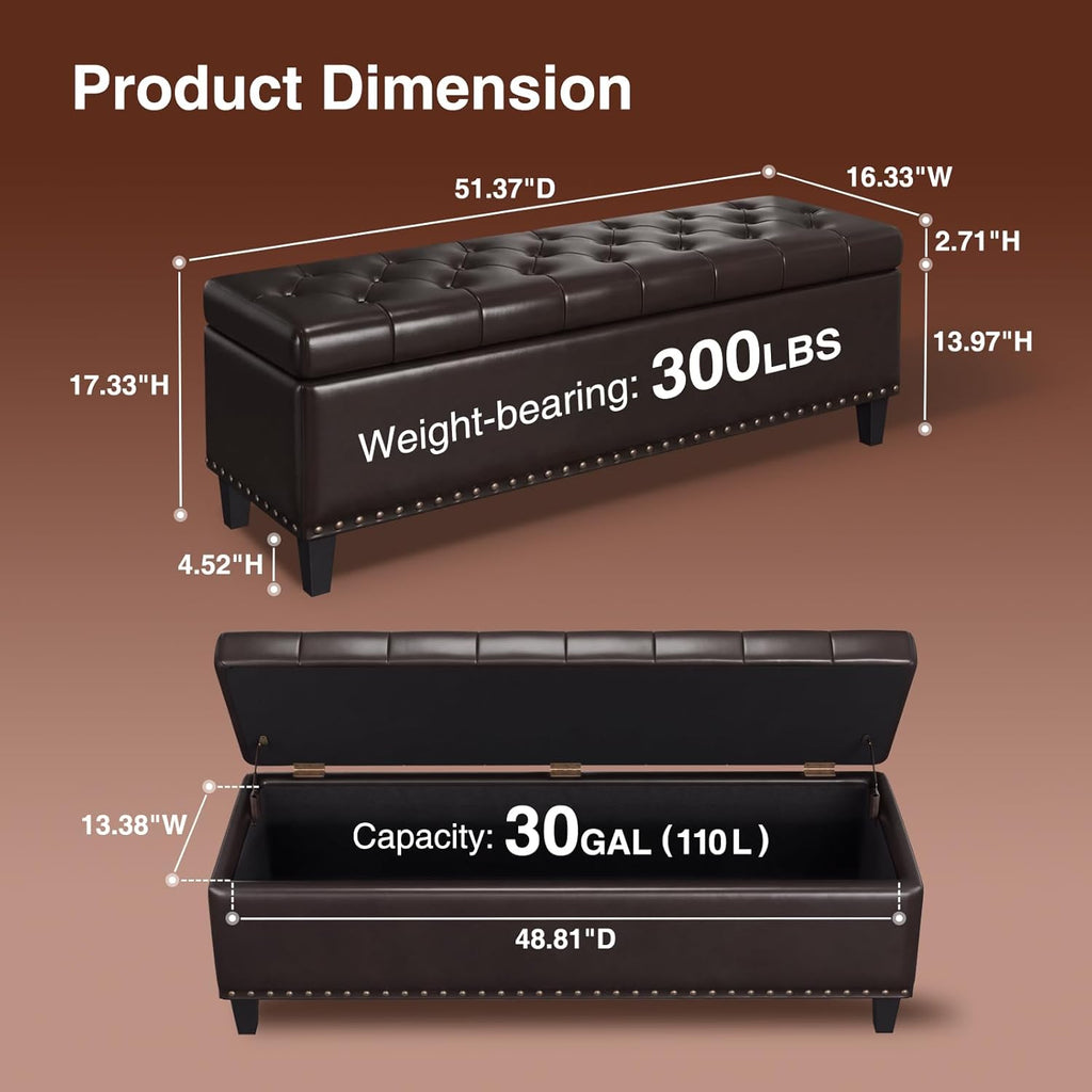 FiveWillowise Storage Ottoman Bench,51-Inch Large Storage Bench for Bedroom End of Bed, 30 Gallons Faux Leather Ottoman with Storage for Bedroom, Living Room, Entryway, Chocolate