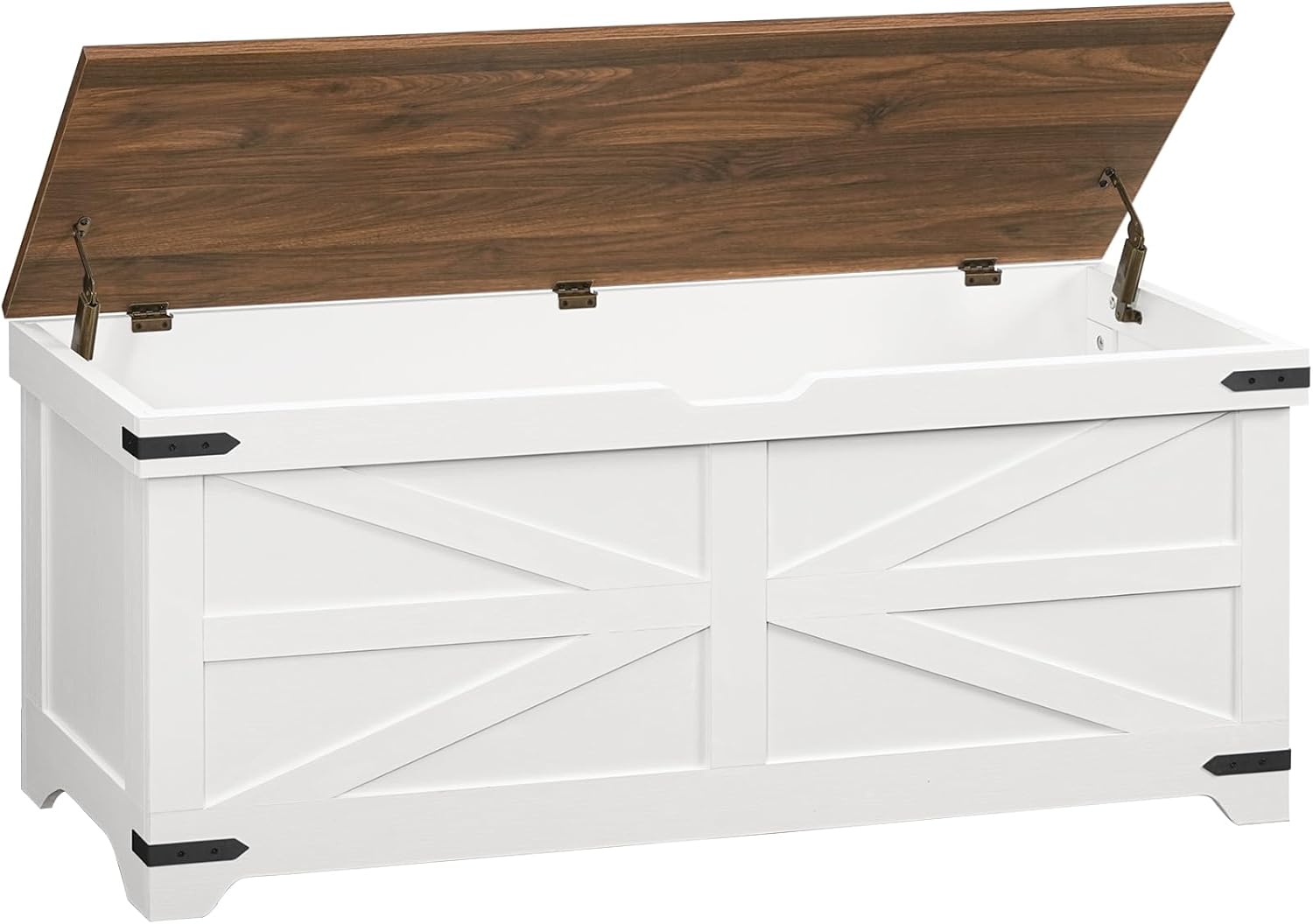 MAHANCRIS Large Toy Chest, 47.2" Wooden Toy Box with 2 Safety Hinges, Farmhouse Style Storage Bench, Blanket Storage Chest for Living Room, Entryway, Bedroom, White+Walnut SCBZ18601