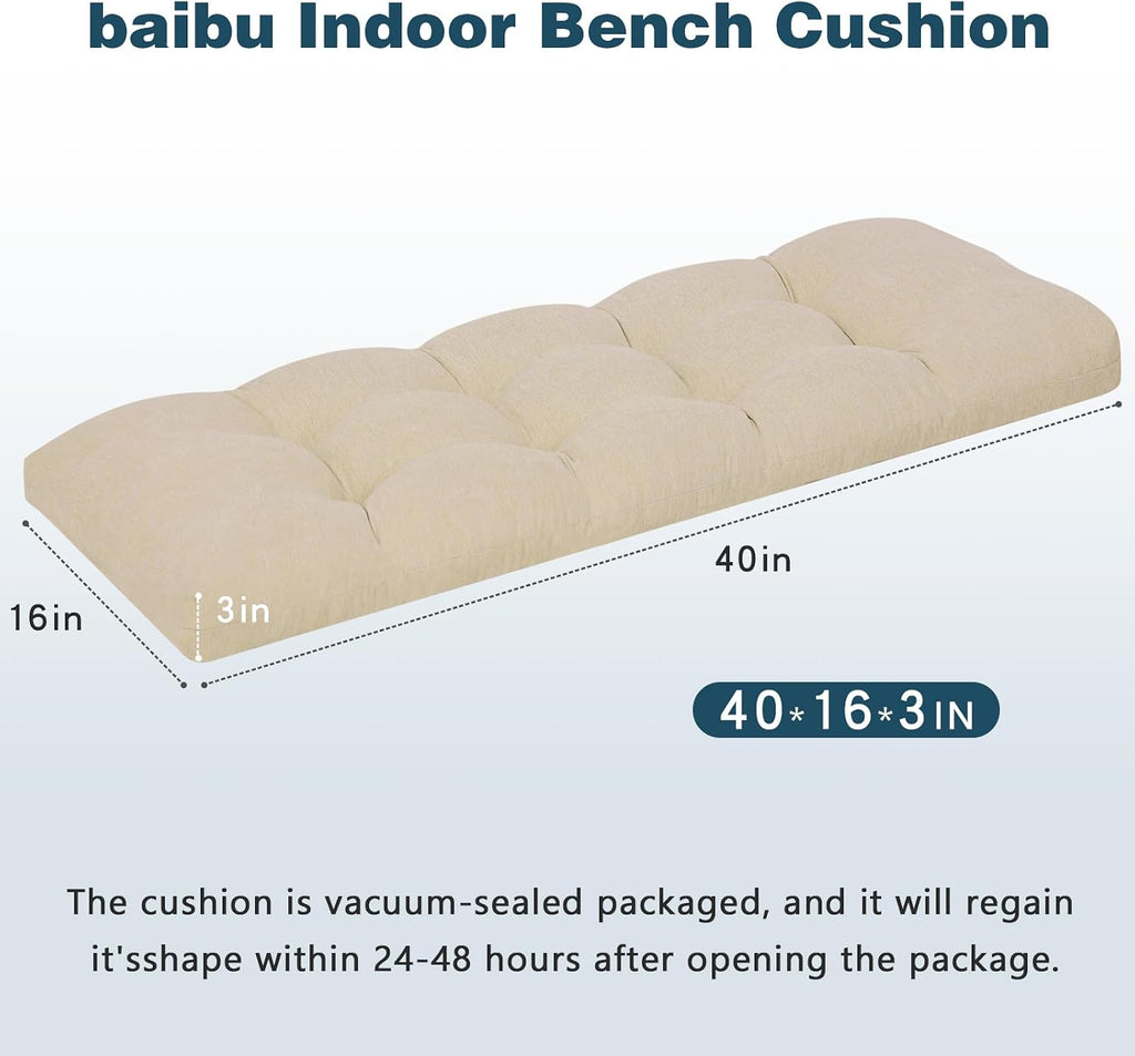 baibu 40 Inch Memory Foam Bench Cushion, Dual-Layer Patent Design Non-Slip Indoor Bench Cushion with Ties, 40x15x3Inch, Beige