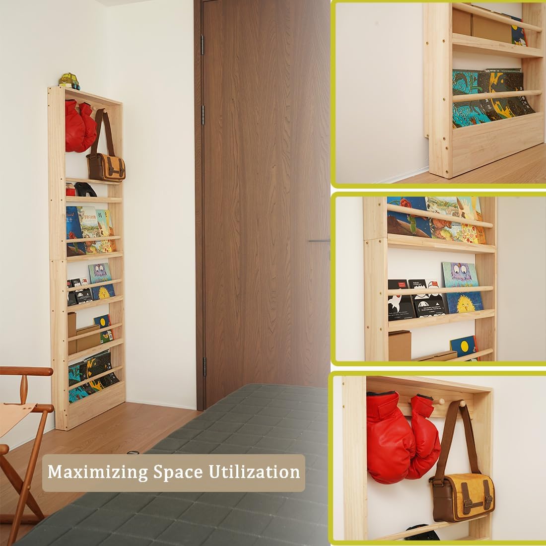 Wooden Kids Bookshelf, Wall Mount Shelf with Hooks, Organizer for Toys and Books, Space-Saving | with Hooks