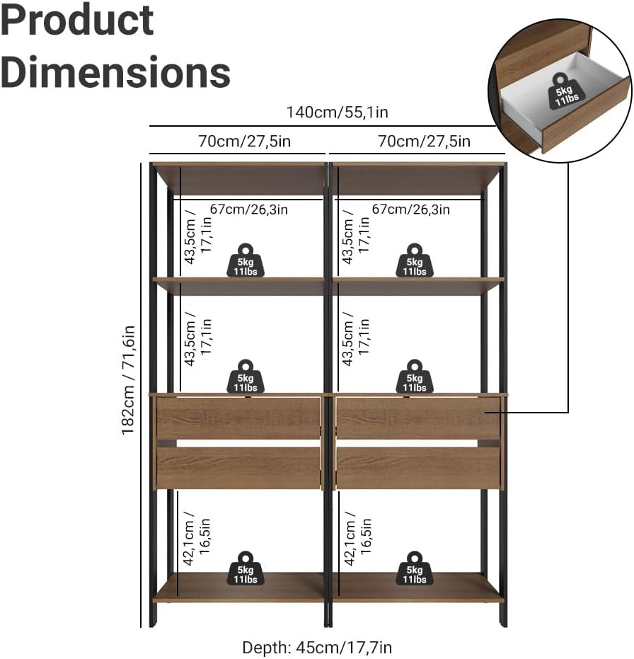 Madesa Kitchen Pantry Storage Rack with 4 Drawers and 6 Open Shelves 55" L Multiuse Modular Cabinet for Kitchen Organization - Black/Brown