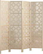 FurniFact Gold 4-Panel Wood Room Divider, Folding Screen, Fabric Panels, Diamond Design, Transitional Style, 70 Inch, Freestanding