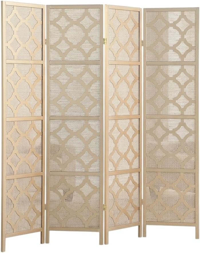FurniFact Gold 4-Panel Wood Room Divider, Folding Screen, Fabric Panels, Diamond Design, Transitional Style, 70 Inch, Freestanding