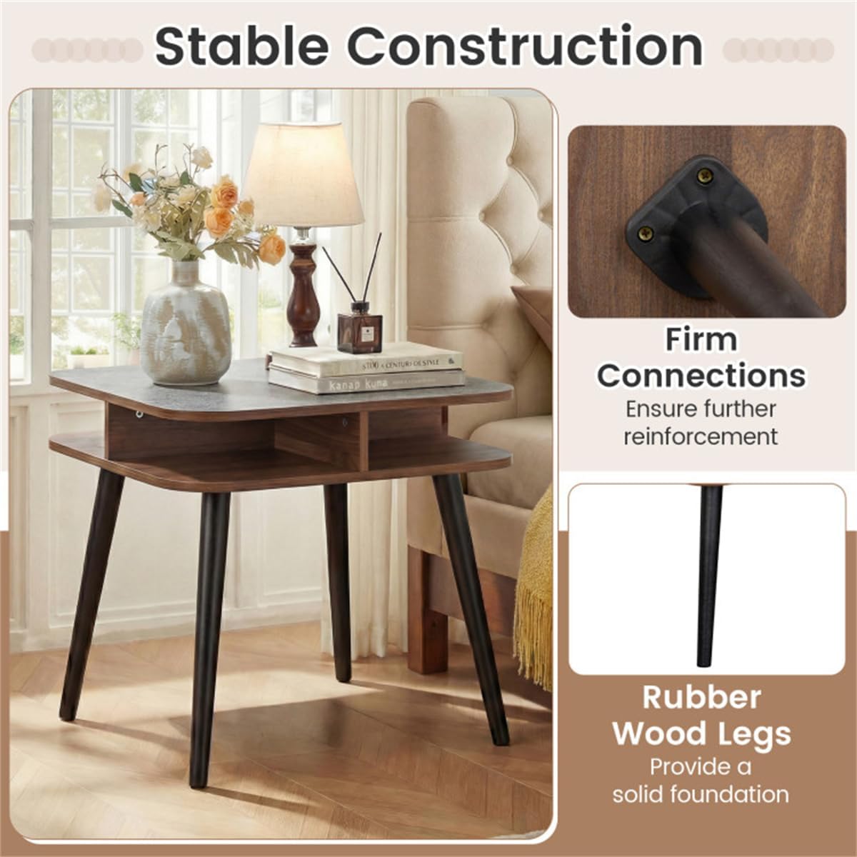 Faux Marble Side Table with 4-Sided Storage Shelves, 24" Square End Table with Rubber Wood Legs for Living Room Bedroom, Grey