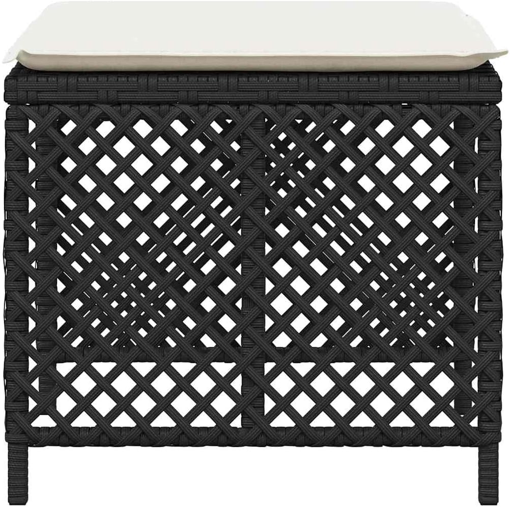 4-Piece Garden Stool Set in Black with Poly Rattan and Powder-Coated Steel, Square Outdoor Seats with Removable Washable Cushion Covers, 14.2-Inch Height for Patio Balcony