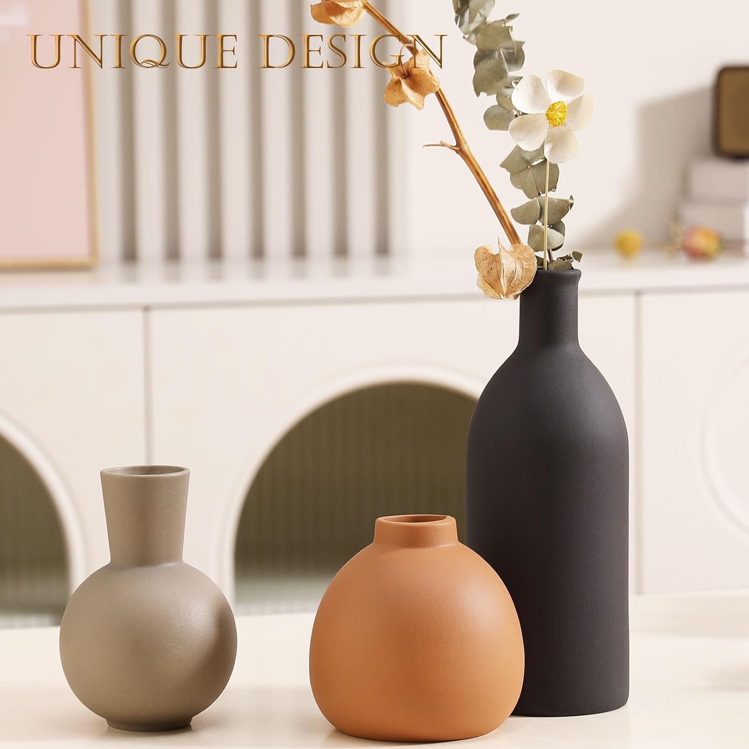 Joeabor Ceramic Vase Set of 3 - Handcrafted Ceramic Vases for Home Decor & Shelf - Modern Farmhouse Decor for Kitchen, Office, Bedroom & Living Room Decorative Objects for Mantel, Table Centerpieces