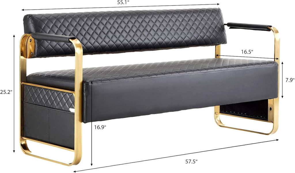 OmySalon Waiting Room Chairs with Arms, 57.5’’ Office Guest Chair upholstered Bench Seating, Reception Furniture for Beauty Salon Barbershop Airport Bank Hall Room Conference, Black&Gold