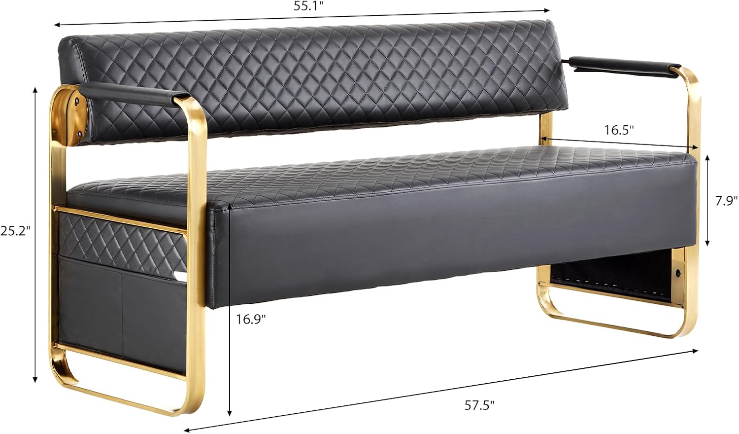 OmySalon Waiting Room Chairs with Arms, 57.5’’ Office Guest Chair upholstered Bench Seating, Reception Furniture for Beauty Salon Barbershop Airport Bank Hall Room Conference, Black&Gold