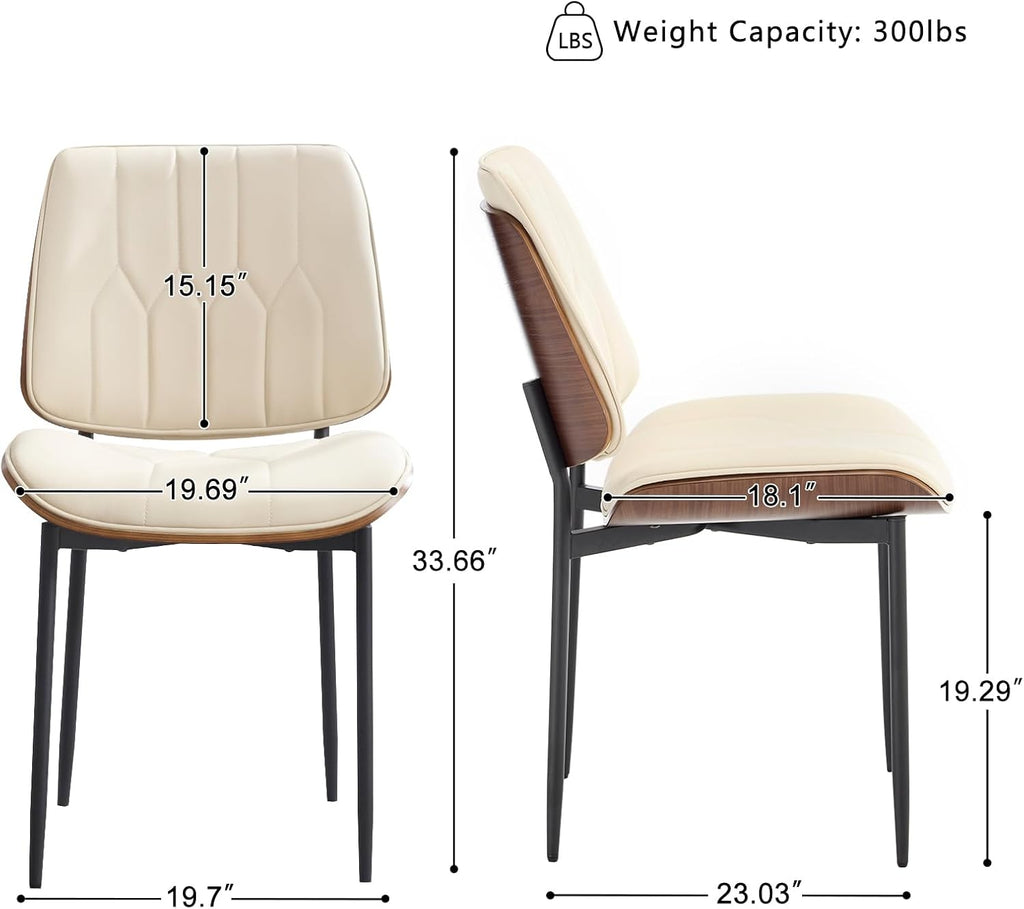 BV Mid Century Modern Dining Chairs Set of 4, Upholstered Pu Leather Armless Accent Chair with Walnut Bentwood Back, Retro Kitchen Chair for Dining Room, Living Room, Kitchen, Beige