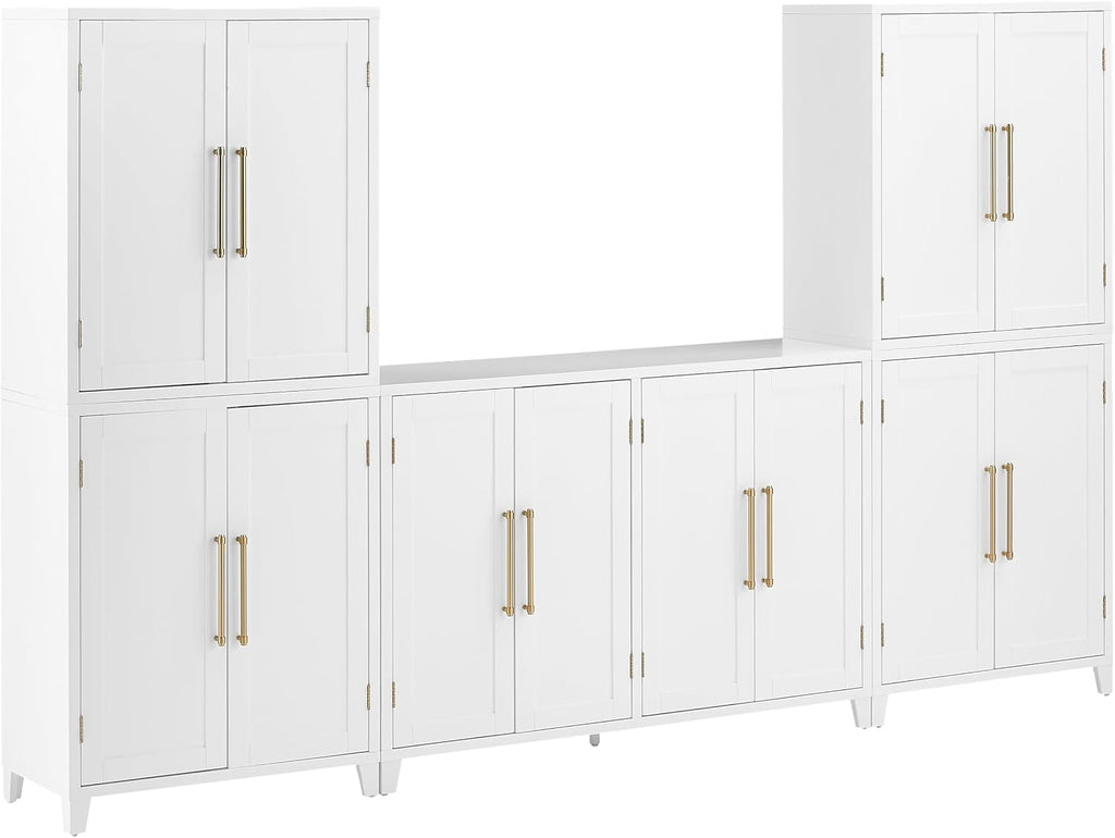 Crosley Furniture Roarke 3-Piece Modern Sideboard Buffet Cabinet and Kitchen Storage Pantry Set, White