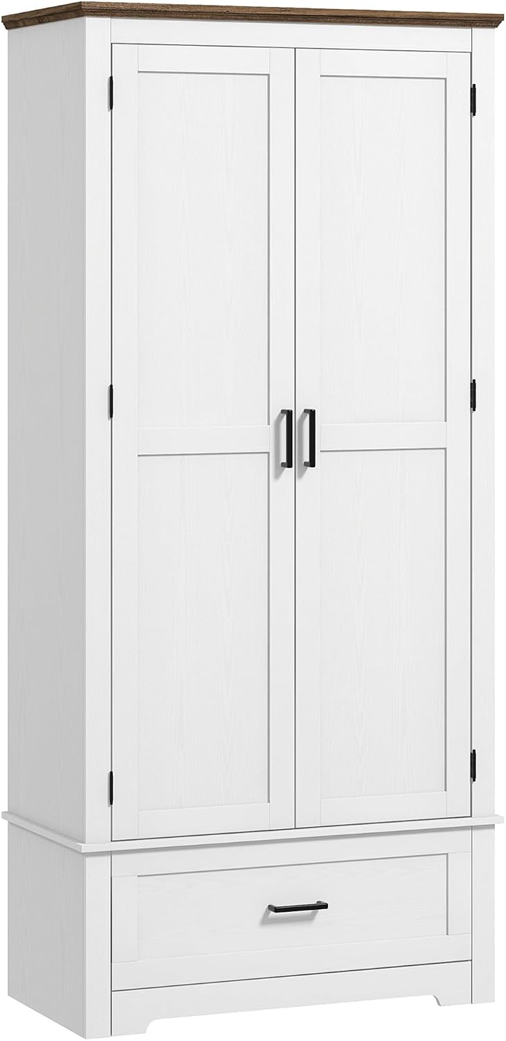 69" Tall Kitchen Pantry Storage Cabinet, Farmhouse Freestanding Pantry Cabinet with 2 Doors, Drawer and Adjustable Shelves for Dining Room, White,15.7 * 31.5 * 68.9