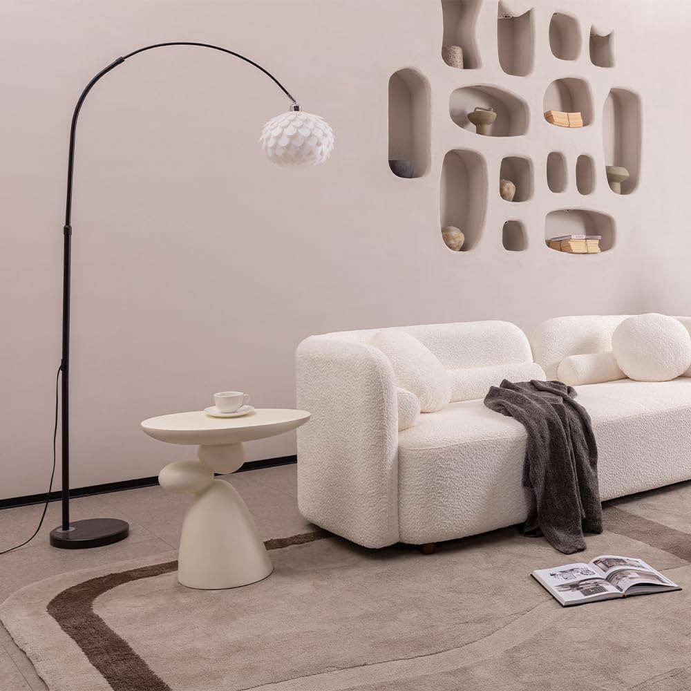 Fortune Stone Coffee Table with Deco, Modern Minimalist Narrow End Table for Couch, Small Round Side Table for Living Room, Fiberglass Decoration Corner Table for Sofa, Black, White (White)