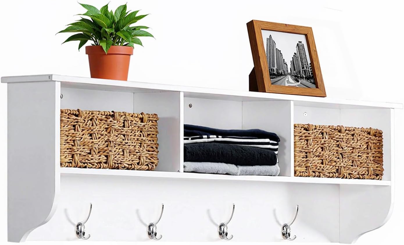 38.6" Contemporary Wall Mounted Coat Rack with Shelf, Entryway Hanging Coat Rack with 3 Shelves, Wall Shelf with 4 Dual Hooks for Hallway, Living Room, Bedroom (White)