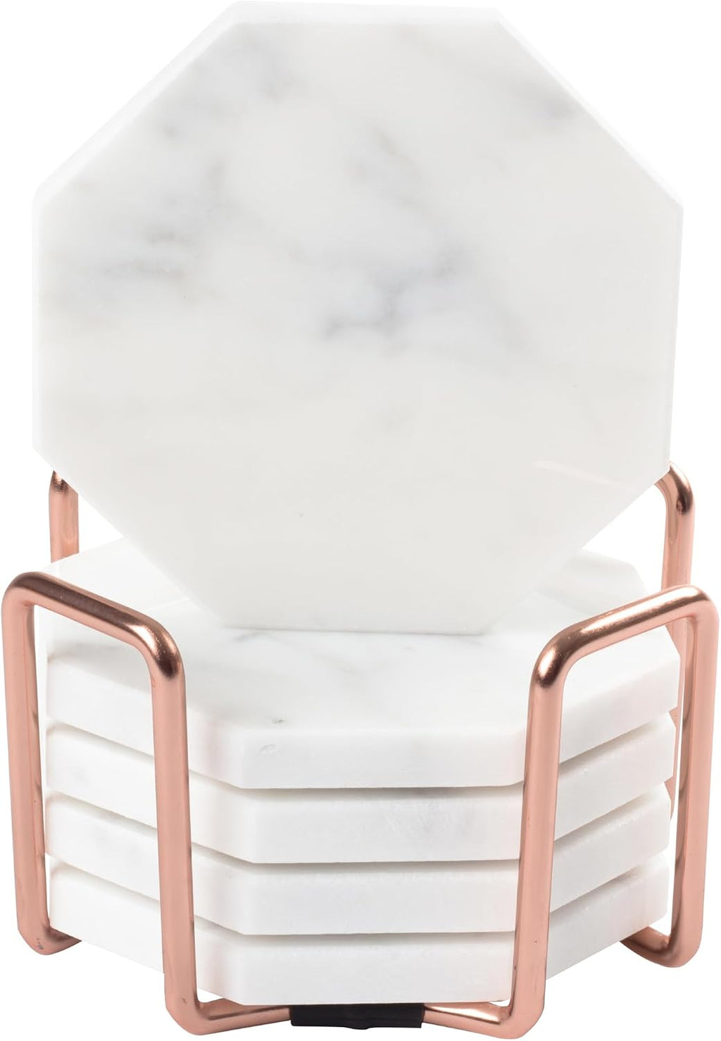 White Carrara Marble Coasters & Rose Gold Coaster Holder (Set of 5)- Durable, Thick Coasters - Protects Any Table Type & Fits Any Coffee Mug, Drinking Glass, Barware - Great Wedding
