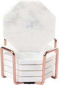 White Carrara Marble Coasters & Rose Gold Coaster Holder (Set of 5)- Durable, Thick Coasters - Protects Any Table Type & Fits Any Coffee Mug, Drinking Glass, Barware - Great Wedding