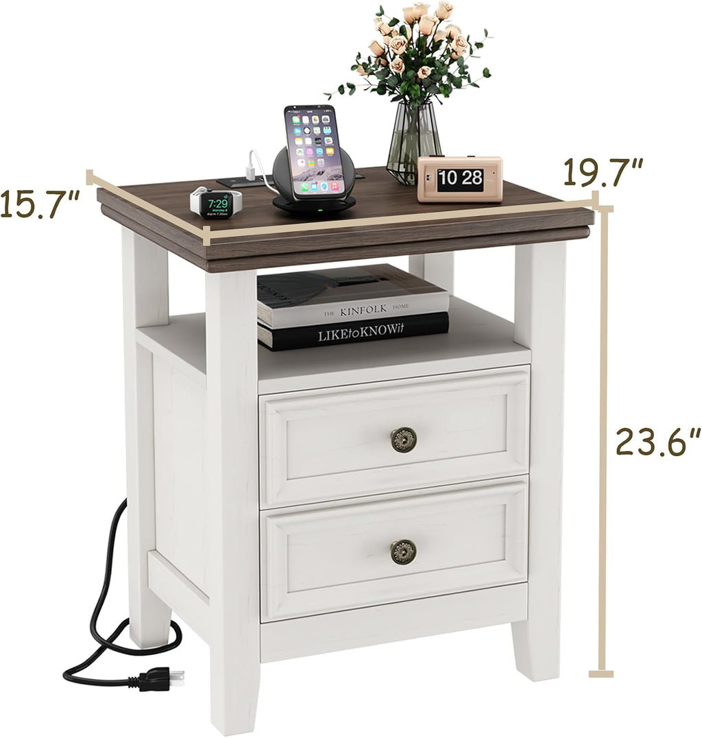 BOSHIRO Antique White Nightstand with Charge Station,Sofa End Table with 2 Drawers & Storage Shelf, Wooden Bed Side Table with USB Ports & Outlets for Bedroom,Home Office