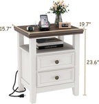 BOSHIRO Antique White Nightstand with Charge Station,Sofa End Table with 2 Drawers & Storage Shelf, Wooden Bed Side Table with USB Ports & Outlets for Bedroom,Home Office