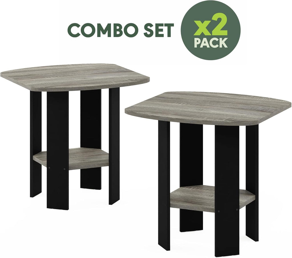 Furinno Simple Side Table Set of 2, 2-Tier Grey End Table with Soft Edges, Open Shelf Night Stand, Bedside Table, for Living Room, Bedroom, Grey Oak