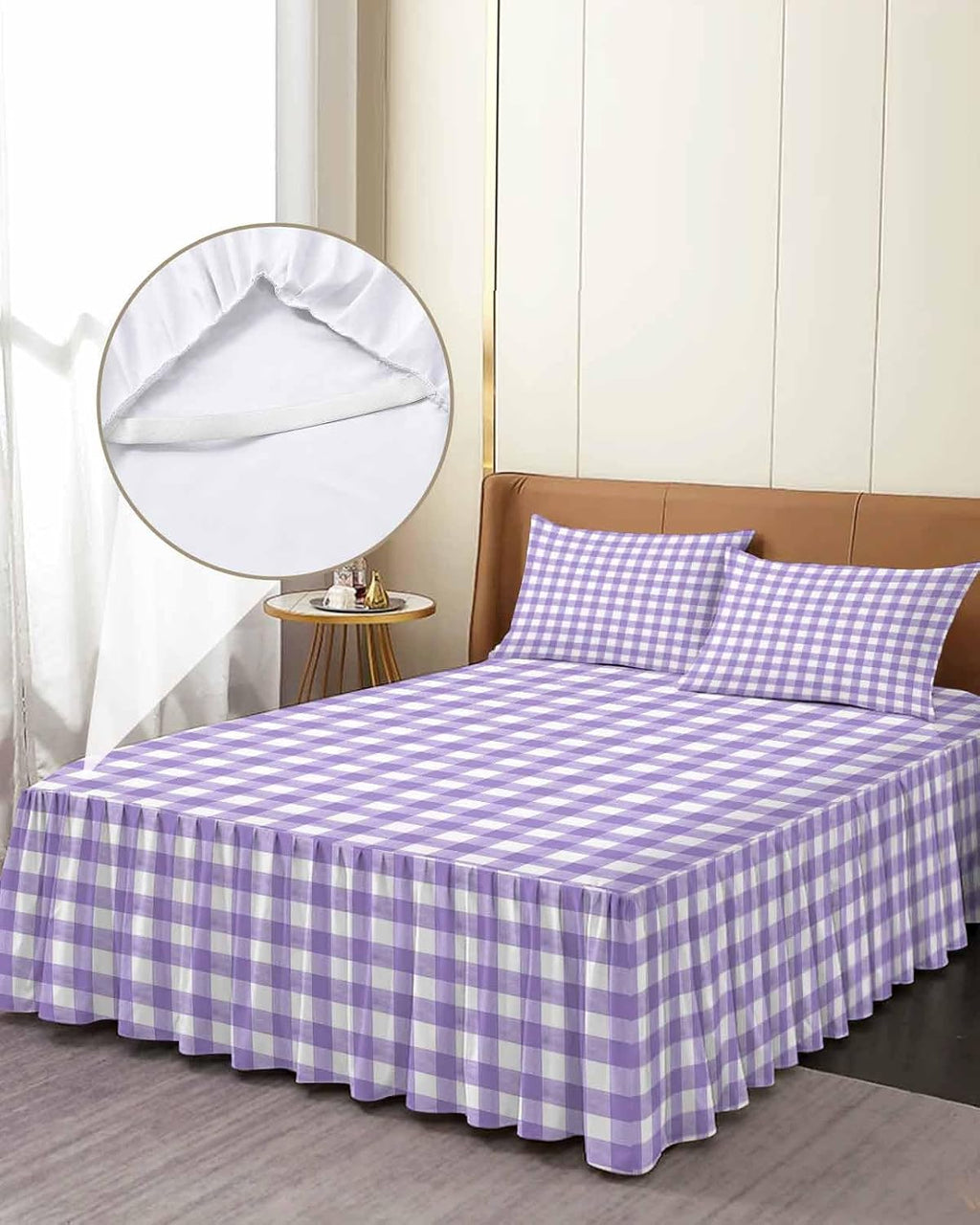 Purple White Checkered Plaid Full Size Ruffle Bed Skirt,Luxury Bedskirt Gradient Buffalo Check Bed Sheet Set with 2 Pillow Shams for Bedroom Decor,18" Tailored Drop Ruffle