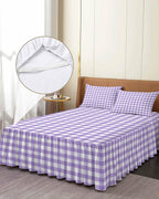 Purple White Checkered Plaid Full Size Ruffle Bed Skirt,Luxury Bedskirt Gradient Buffalo Check Bed Sheet Set with 2 Pillow Shams for Bedroom Decor,18" Tailored Drop Ruffle