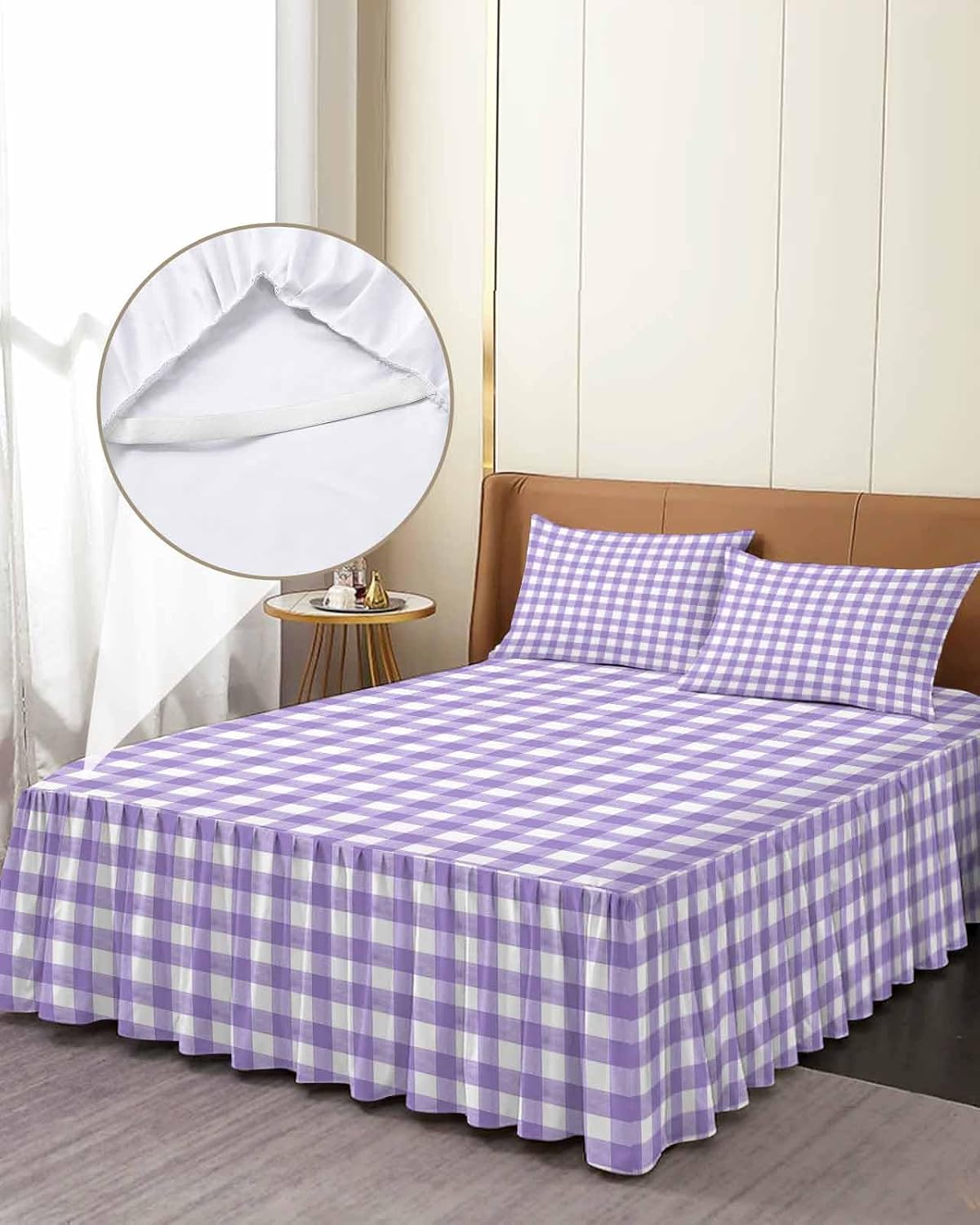 Purple White Checkered Plaid Full Size Ruffle Bed Skirt,Luxury Bedskirt Gradient Buffalo Check Bed Sheet Set with 2 Pillow Shams for Bedroom Decor,18" Tailored Drop Ruffle
