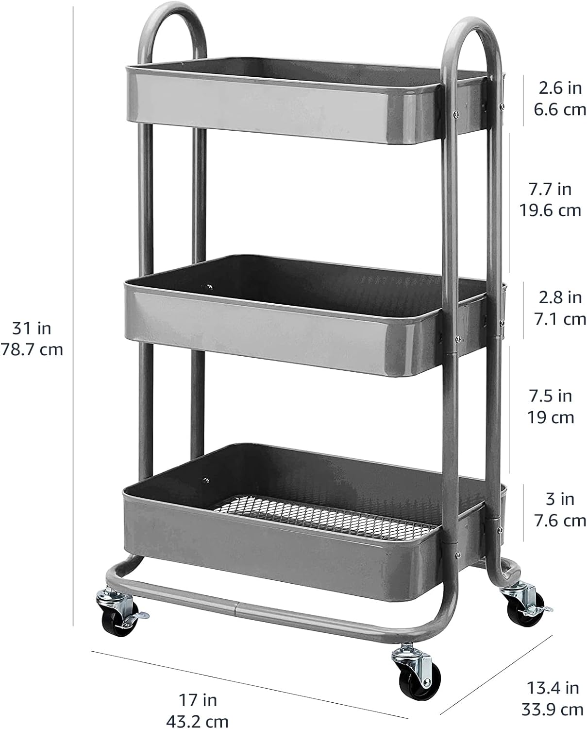 Amazon Basics 3-Tier Rolling Utility or Kitchen Cart, Lockable Wheels, Multifunctional Storage, Mobile Shelving Unit, Metal Storage Organizer, Charcoal