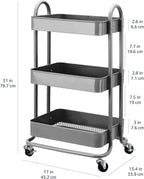 Amazon Basics 3-Tier Rolling Utility or Kitchen Cart, Lockable Wheels, Multifunctional Storage, Mobile Shelving Unit, Metal Storage Organizer, Charcoal