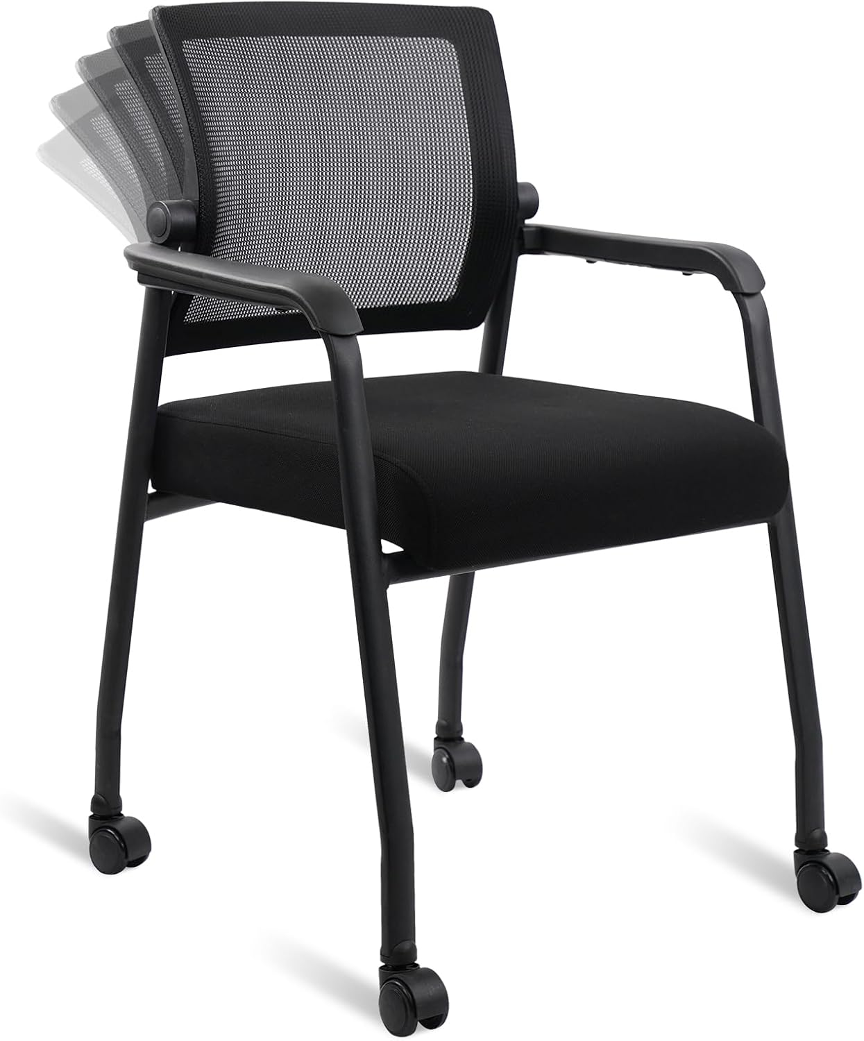 KLASIKA Guest Reception Chair with Adjustable Mesh Backrest and Wheels, Arm Chair with Ergonomic Lumbar Support and Thickened Seats Cushion, Waiting Room Chairs for Office School Lobby Church, Black