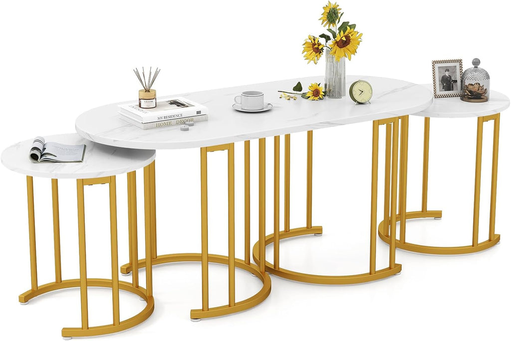 Giantex Nesting Coffee Table Set of 3, Stacking Side Tables with Faux Marble Tabletop & Gold Metal Frame, Oval Coffee Table & 2 Round End Tables, 3-Piece Modern Living Room Table Set for Apartment