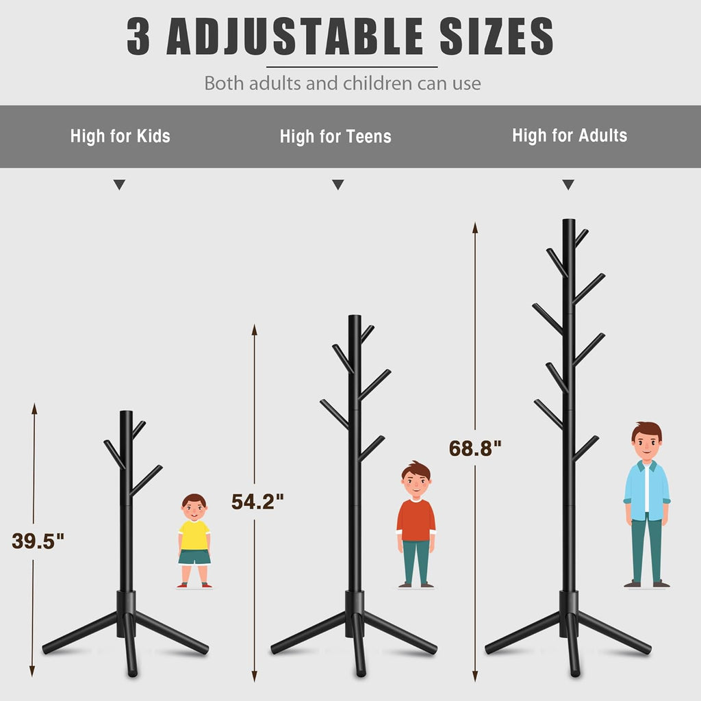Coat Rack, Coat Racks Freestanding with 8 Hooks 3 Adjustable Heights for Clothes, Hats, Handbags, Coat Tree Easy Assembly for Entryway, Bedroom, Hallway, Office(Black)
