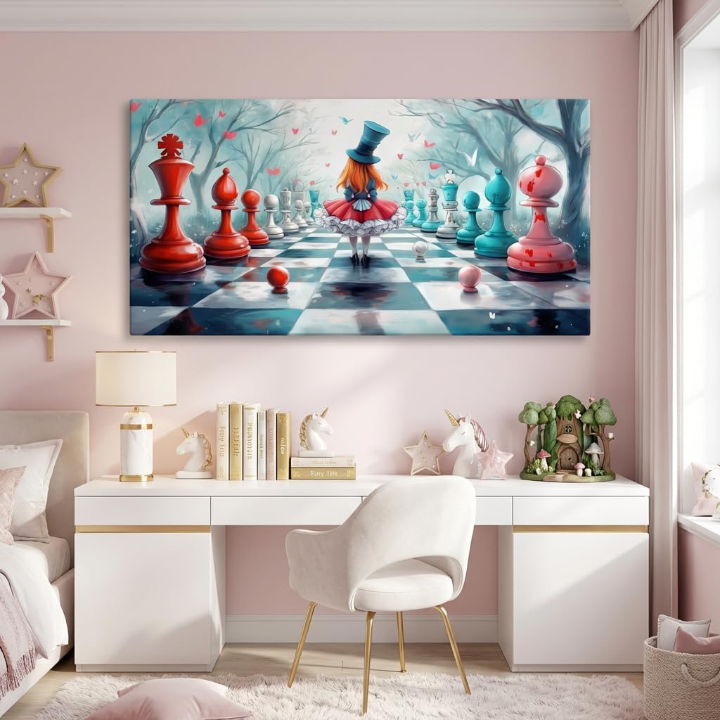 ZESTRILIA Alice in Wonderland Chess Canvas Wall Art, Fantasy Surrealist Whimsical Fairy Tale Decor for Living Room, Girls Bedroom Family Room (40x20 Inches)