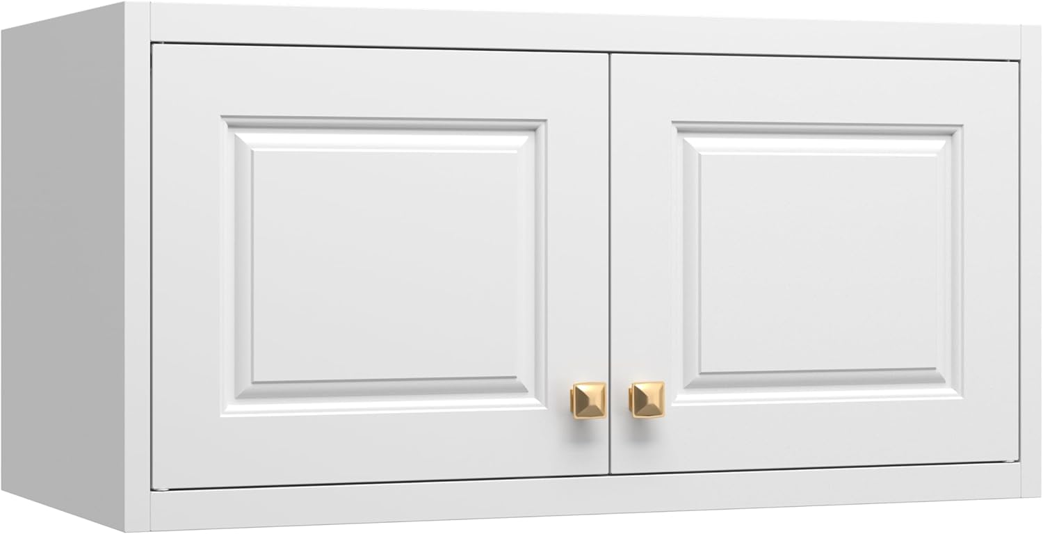 32" Wall Storage Cabinet with 2 Doors & Gold Handles | Black Metal, Hanging Design, 16D x 32W x 15H, for Bathroom & Kitchen, Anti-Tip, Easy Assembly, Hardware Included