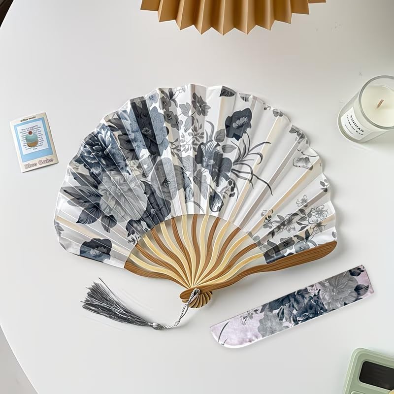 1pc Folding Hand Fan Set With Tassel, Chinese Ink Painting Handheld Fan, Portable Fan for Summer Cooling, Decorative Fan for Dance, Wedding Stage Props 11in*8.85in,Gray