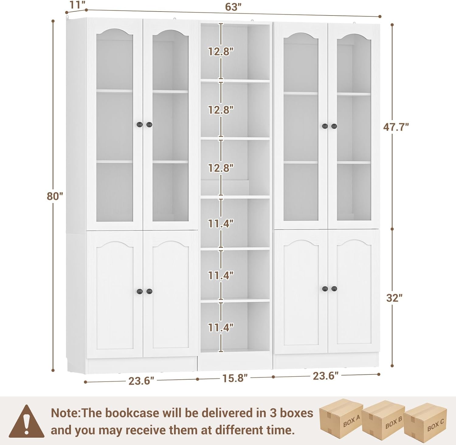 Cyclysio 80" Tall Pantry Cabinet Set of 3, Large Kitchen Storage Cabinet with Arched Glass Doors and Open Shelves, White Kitchen Pantry with 3.15" Baseboard Cutout for Living Room, Dining Room