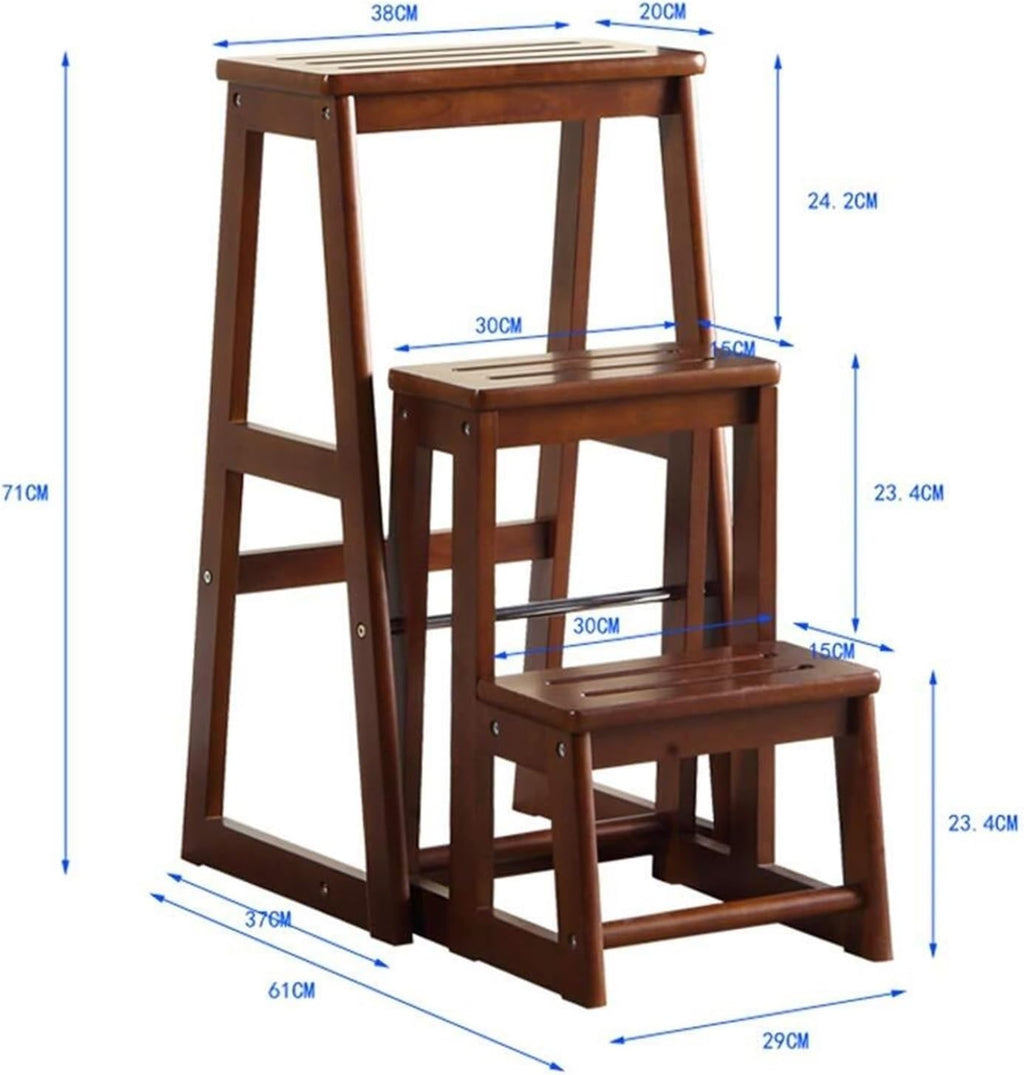 Step Stool Solid Wood Step Stool with 3 Steps | Lightweight & Foldable Multipurpose Ladder Shelf - Capacity 150kg