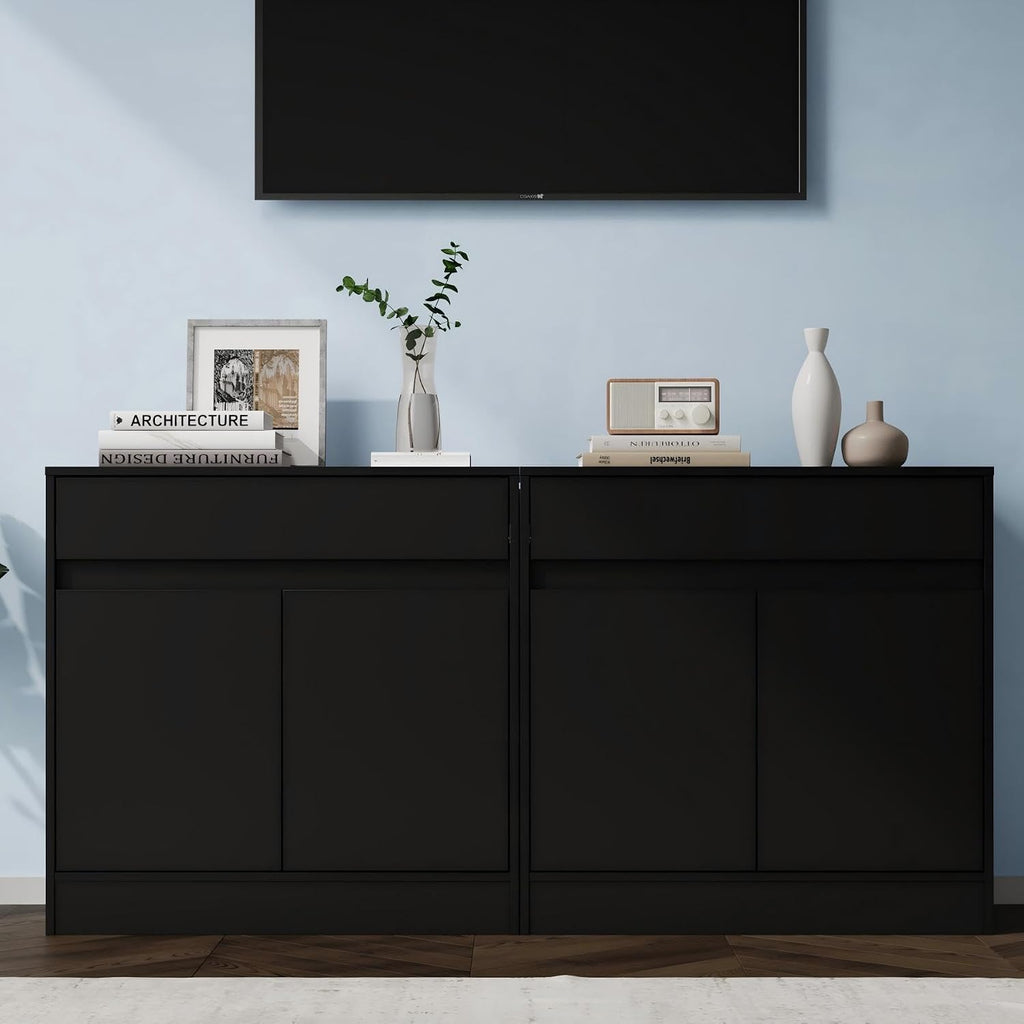 Housoul Buffet Cabinet (Set of 2), Coffee Bar Cabinet with 2 Doors and Drawer, Modern Sideboard Buffet with Adjustable Shelves for Kitchen, Living Room, Black