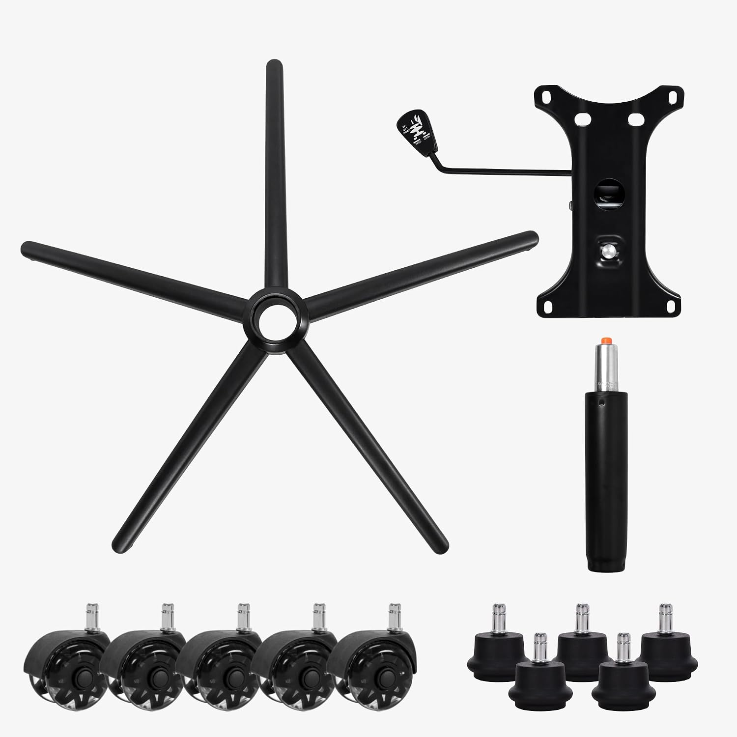 Frassie Heavy Duty Gaming Office Chair Metal Base Set Replace Part with Bottom Plate Stand Cylinder, 5 Wheels Bell Glides Replacement (Black)