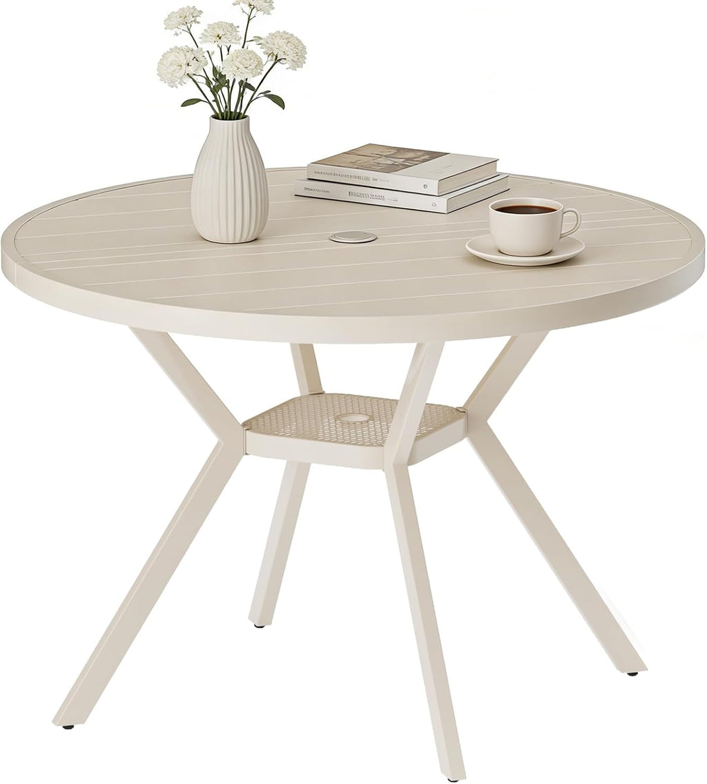42" Outdoor Patio Table Dining Table All Weather Metal Round Patio Dining Table with Adjustable Umbrella Hole Patio Furniture for Lawn Garden Backyard, Sandshell