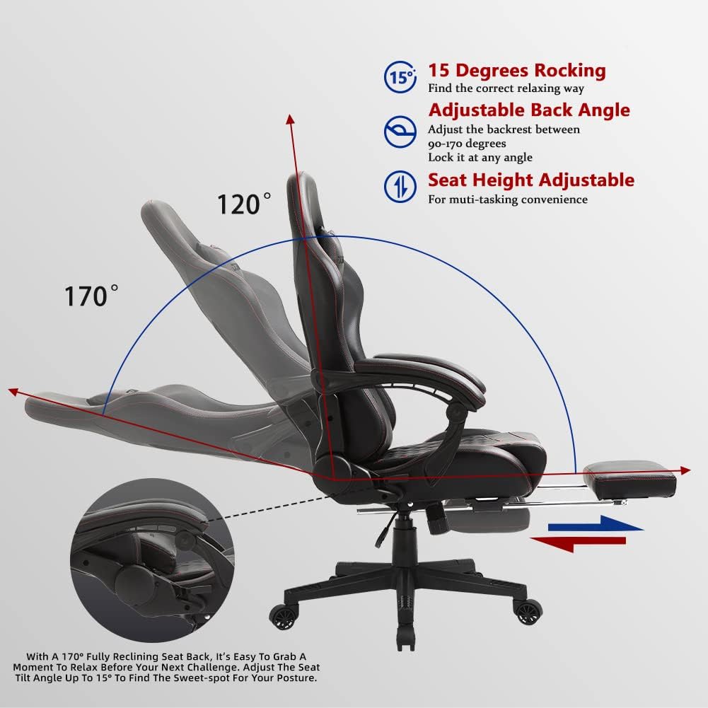 Dowinx Gaming Chair with Massage Lumbar Support, Vintage Style Office Computer Chair PU Leather E-Sports Gamer Chairs with Retractable Footrest and Headrest Black&Red