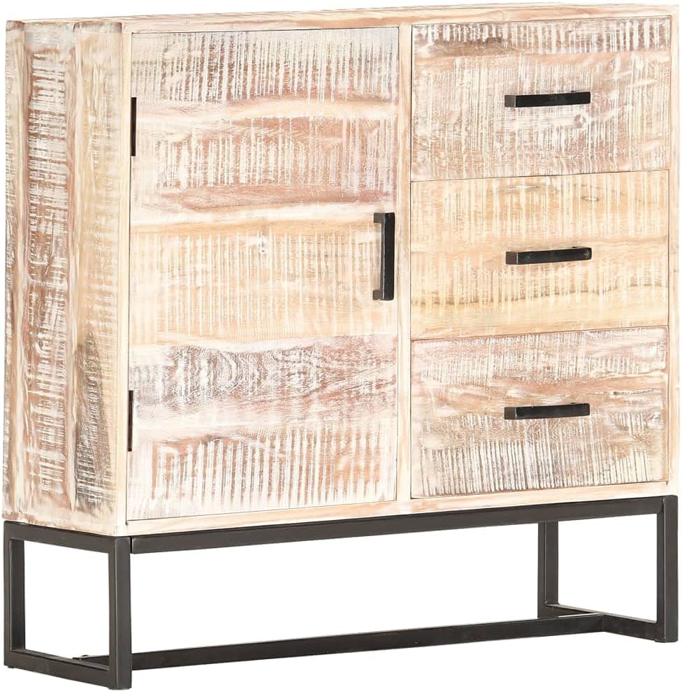 White Solid Acacia Wood Sideboard with Powder-Coated Steel Frame, 4 Storage Compartments for Living Room Dining Room Hallway Organization, Retro Style Furniture with Unique