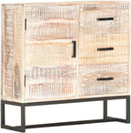 White Solid Acacia Wood Sideboard with Powder-Coated Steel Frame, 4 Storage Compartments for Living Room Dining Room Hallway Organization, Retro Style Furniture with Unique