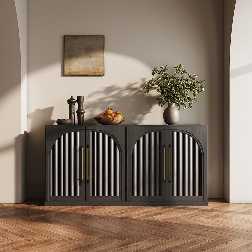 BELLEZE 65 Inch Sideboard Cabinet with Double-Arc Wood Doors, Large Buffet Cabinet with Storage and Adjustable Shelves, Classic Modern Console Table for Dining Room Living Room Entryway (Ebony)