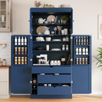 Modern Shaker Style Kitchen Pantry, 77'' Tall Freestanding Cupboard with Adjustable Shelves, Door Shelves, 3 Drawers and Wine Racks, Versatile Pantry Cabinet with Storage for Dining Room, Blue