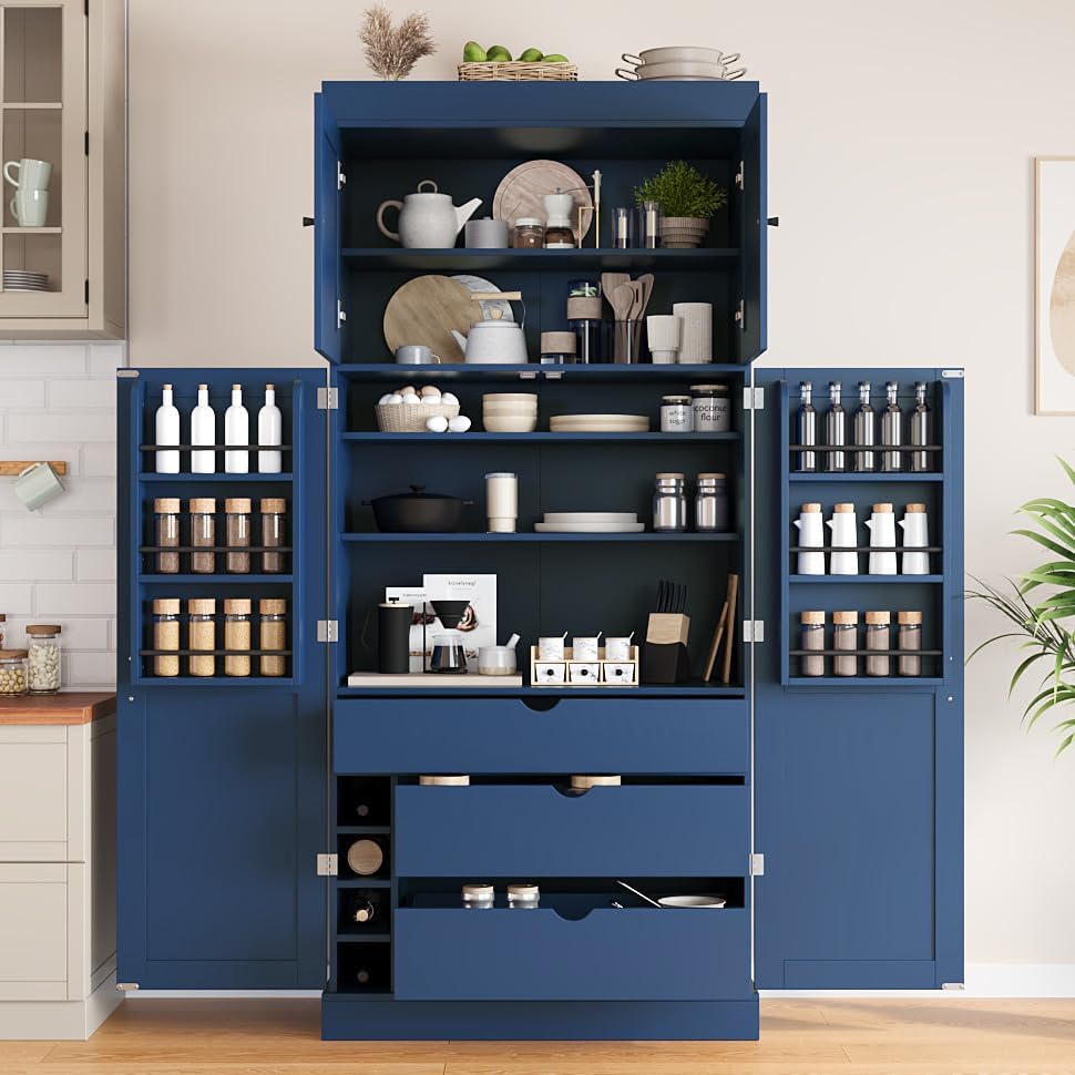 Merax 77''Tall Freestanding Kitchen Pantry,Farmhouse Tall Storage Cabinet with 2 Standard Plugs and 2 USB Ports,Wood Food Pantry with Adjustable Shelves,Door Shelves, Drawers and Wine Racks,Blue