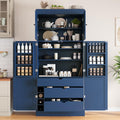 Merax 77''Tall Freestanding Kitchen Pantry,Farmhouse Tall Storage Cabinet with 2 Standard Plugs and 2 USB Ports,Wood Food Pantry with Adjustable Shelves,Door Shelves, Drawers and Wine Racks,Blue