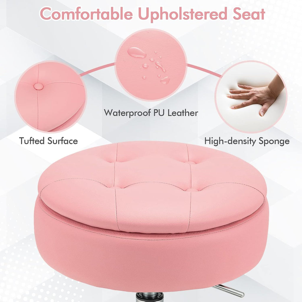 COSTWAY Counter Height Bar Stool, Tufted PU Leather 20"-26" H Adjustable Swivel Vanity Chair with Removable Tray Top and Storage Space, Modern Round Ottoman for Makeup Kitchen Island Shop, Pink