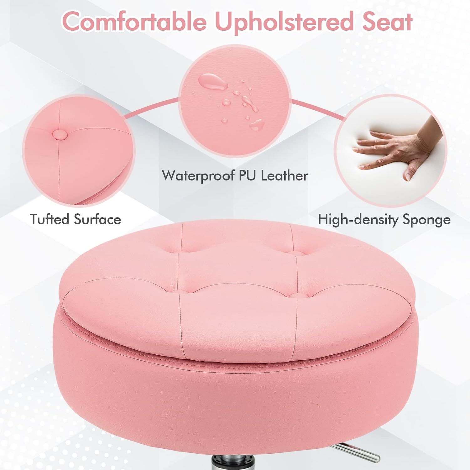 COSTWAY Counter Height Bar Stool, Tufted PU Leather 20"-26" H Adjustable Swivel Vanity Chair with Removable Tray Top and Storage Space, Modern Round Ottoman for Makeup Kitchen Island Shop, Pink
