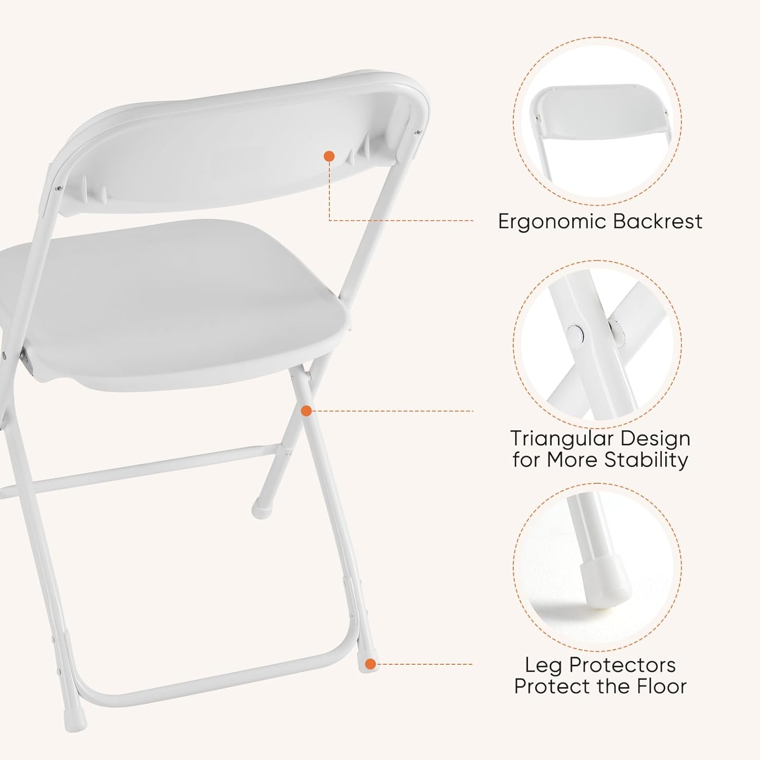 DUMOS Folding Chairs Sets of 6, 330lbs Capacity Plastic Stackable Home Office Chair, Portable Fold Up for Indoor Outdoor, Patio, Camping, Garden, Party, White